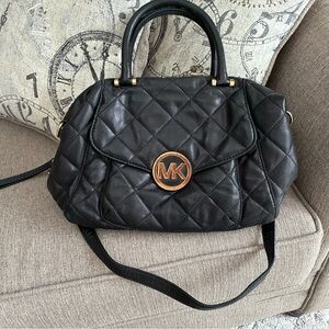 Michael Kors Black Quilted Satchel Handbag with Gold Logo Chain Strap